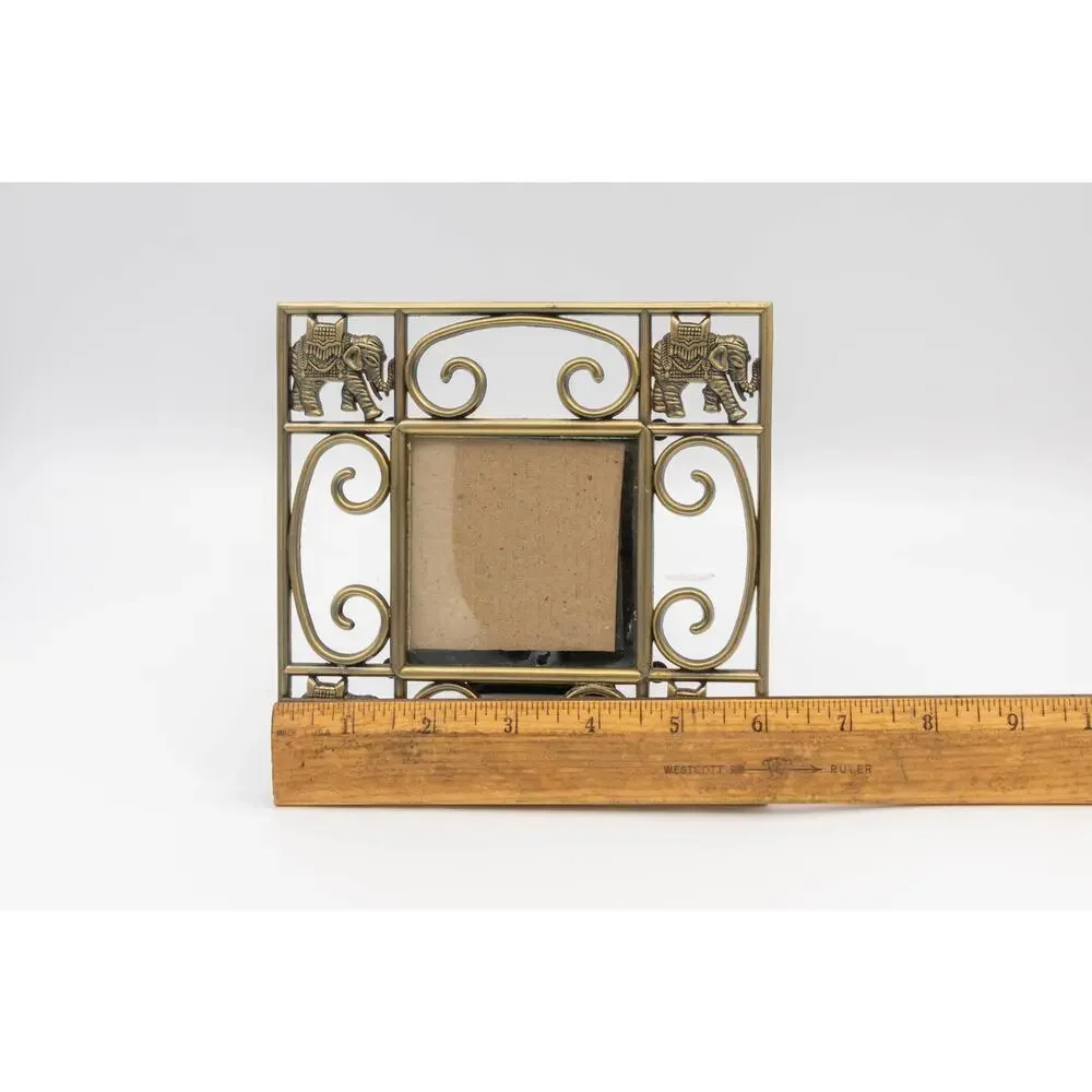 Vintage Brass Elephant Picture Frame Scroll Metal Ornate Tabletop Photo Holder